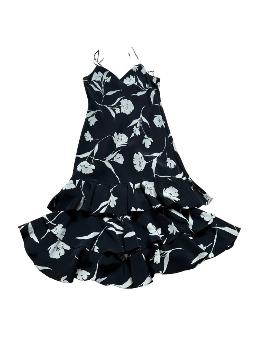 Lauren Ralph Lauren Size 8 Feminine Elegant Black White Floral Silk Midi Dress